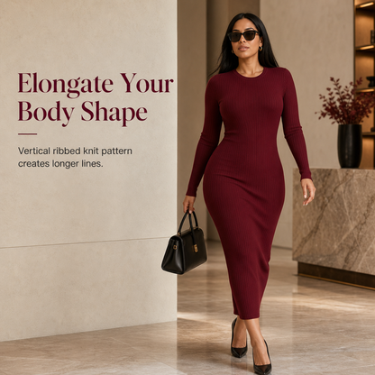 💖Black Friday Mega Deal – 50% off!💖🌹 Women's Long Sleeve Rib Knit Crewneck Bodycon Maxi Dress