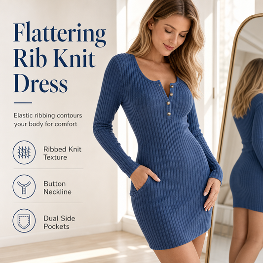 Womens Autumn Winter Solid Color Long Sleeve Slim Fit Bodycon Button Dress