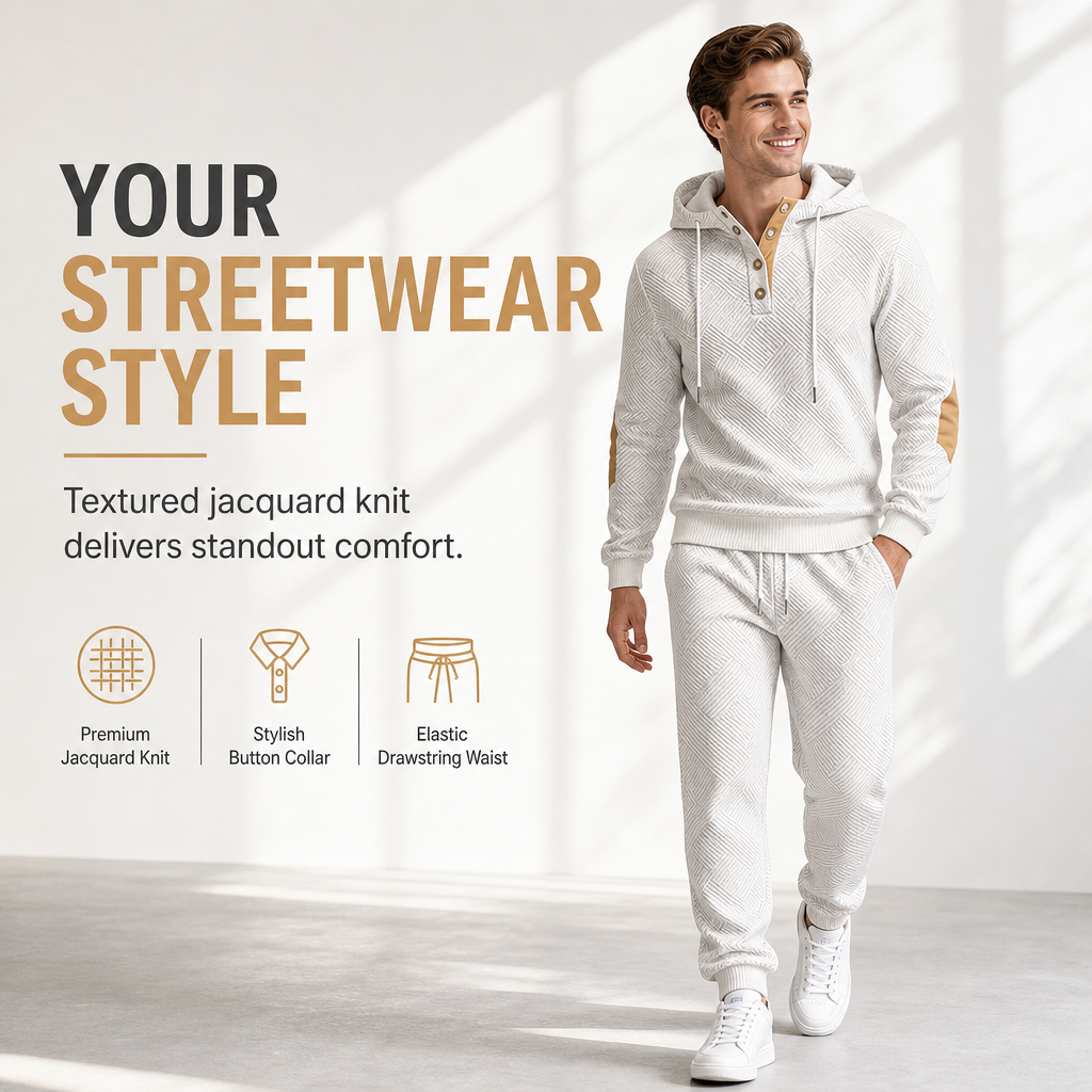 🧥 Men's 2 Piece Hoodie Set – Premium Jacquard Knit, Breathable & Always Cool