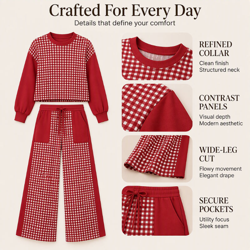 Women's Gingham Long Sleeve Top & Wide-Leg Pants Set