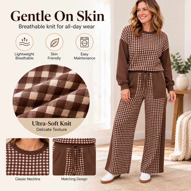 Women's Gingham Long Sleeve Top & Wide-Leg Pants Set