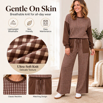 Women's Gingham Long Sleeve Top & Wide-Leg Pants Set