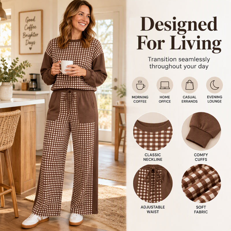 Women's Gingham Long Sleeve Top & Wide-Leg Pants Set