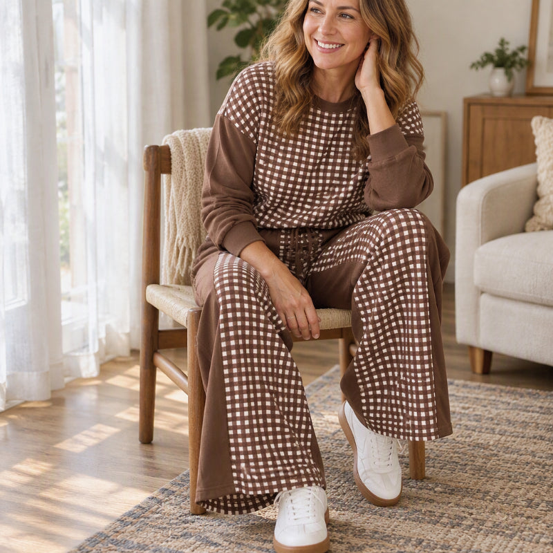 Women's Gingham Long Sleeve Top & Wide-Leg Pants Set