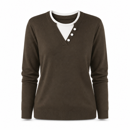 Casual Mock Two Piece V Neck Knit Sweater with Button Details