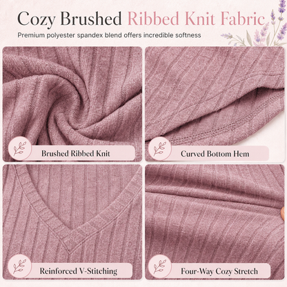 Women's Plus Size V Neck Long Sleeve Ribbed Brushed T-Shirt Loose Fit Solid Color Pullover Top