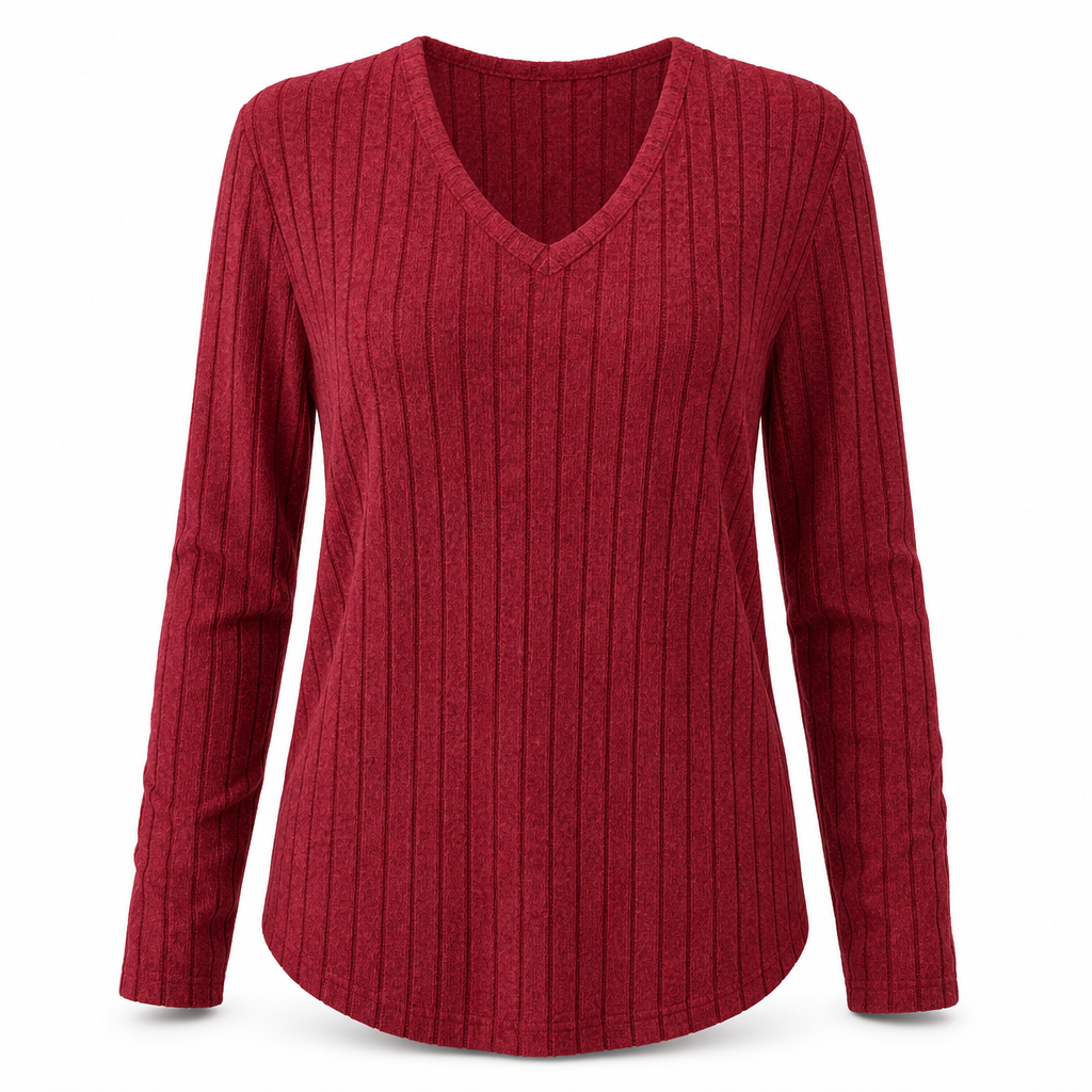 Women's Plus Size V Neck Long Sleeve Ribbed Brushed T-Shirt Loose Fit Solid Color Pullover Top