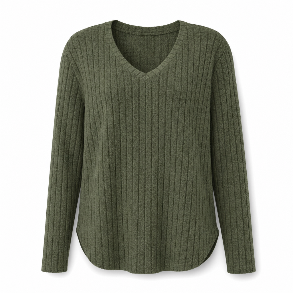 Women's Plus Size V Neck Long Sleeve Ribbed Brushed T-Shirt Loose Fit Solid Color Pullover Top