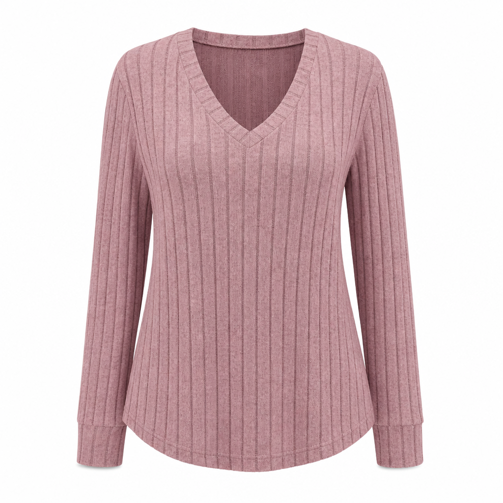 Women's Plus Size V Neck Long Sleeve Ribbed Brushed T-Shirt Loose Fit Solid Color Pullover Top