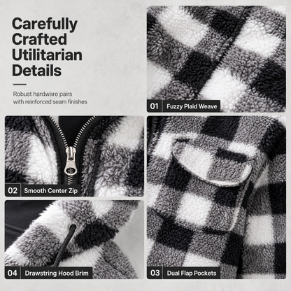🧥 Men's Plaid Fuzzy Hooded Zip-Up Coat with Dual Flap Chest Pockets ✨ fuzzy plush lining, plaid print, hooded zip coat with chest pockets