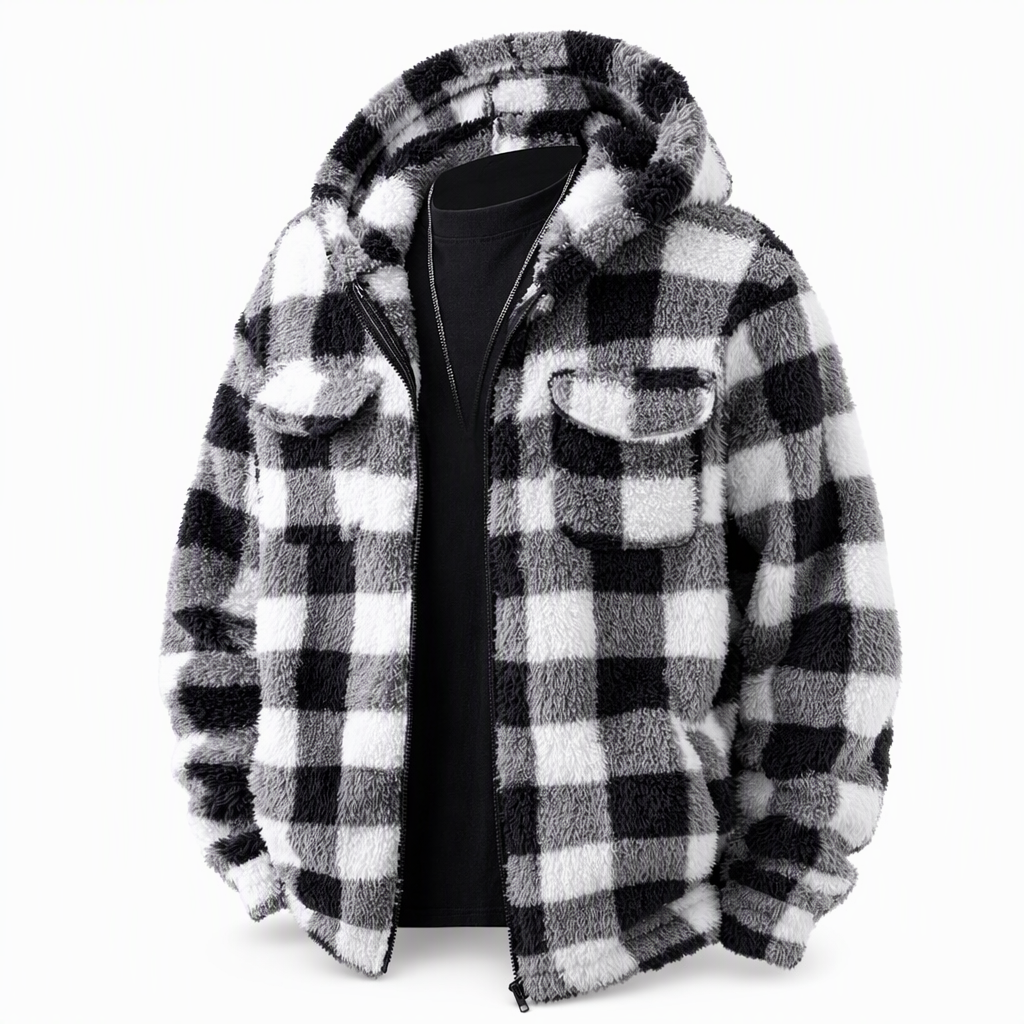 🧥 Men's Plaid Fuzzy Hooded Zip-Up Coat with Dual Flap Chest Pockets ✨ fuzzy plush lining, plaid print, hooded zip coat with chest pockets
