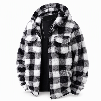 🧥 Men's Plaid Fuzzy Hooded Zip-Up Coat with Dual Flap Chest Pockets ✨ fuzzy plush lining, plaid print, hooded zip coat with chest pockets