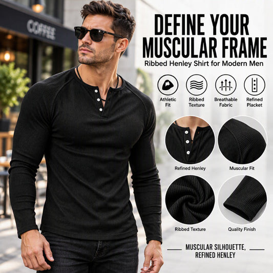 Men's Casual Slim Fit Ribbed Henley T-Shirt