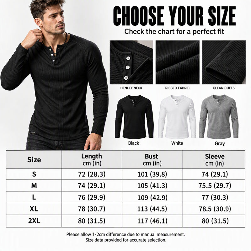 Men's Casual Slim Fit Ribbed Henley T-Shirt