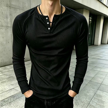 Men's Casual Slim Fit Ribbed Henley T-Shirt