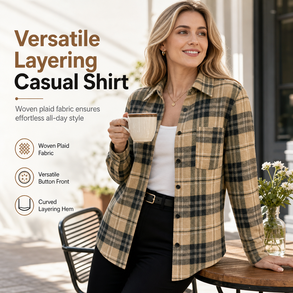 Women's Plaid Long Sleeve Button-Down Casual Shirt with Chest Pocket