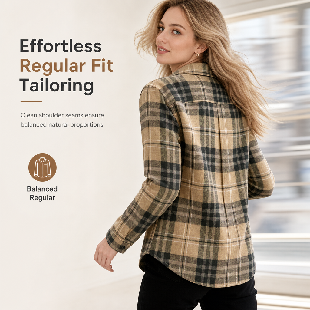 Women's Plaid Long Sleeve Button-Down Casual Shirt with Chest Pocket