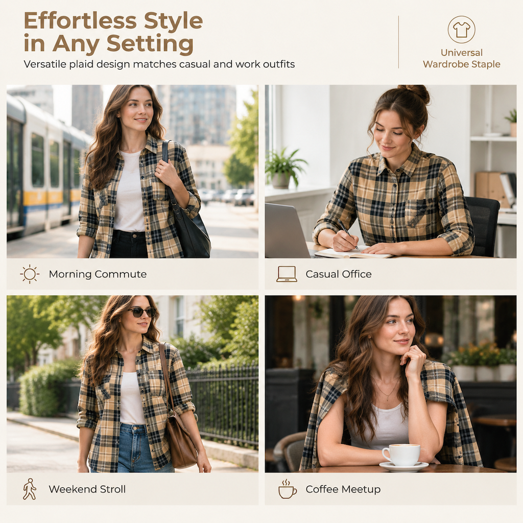 Women's Plaid Long Sleeve Button-Down Casual Shirt with Chest Pocket