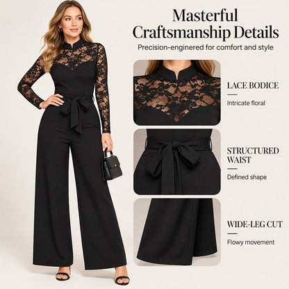 🖤 Women's Elegant Lace Patchwork Belted Jumpsuit