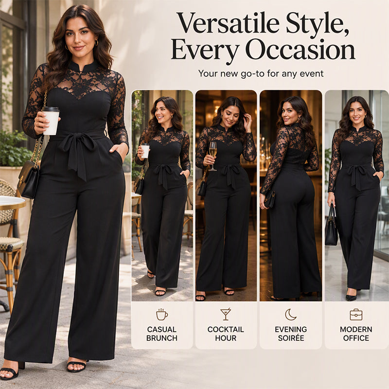 🖤 Women's Elegant Lace Patchwork Belted Jumpsuit