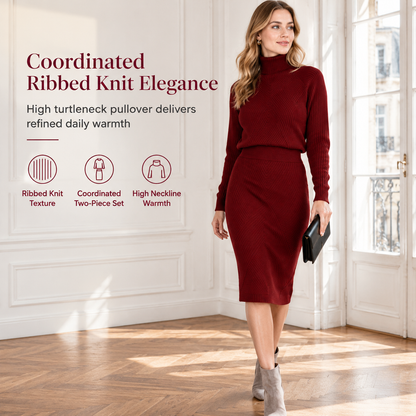 💗 Women's Solid Color Turtleneck Knit Pullover Sweater and Skirt Set