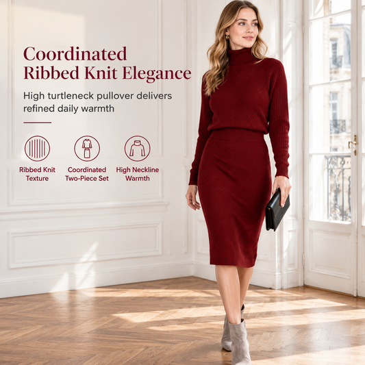 💗 Women's Solid Color Turtleneck Knit Pullover Sweater and Skirt Set