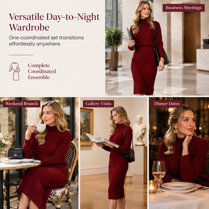 💗 Women's Solid Color Turtleneck Knit Pullover Sweater and Skirt Set