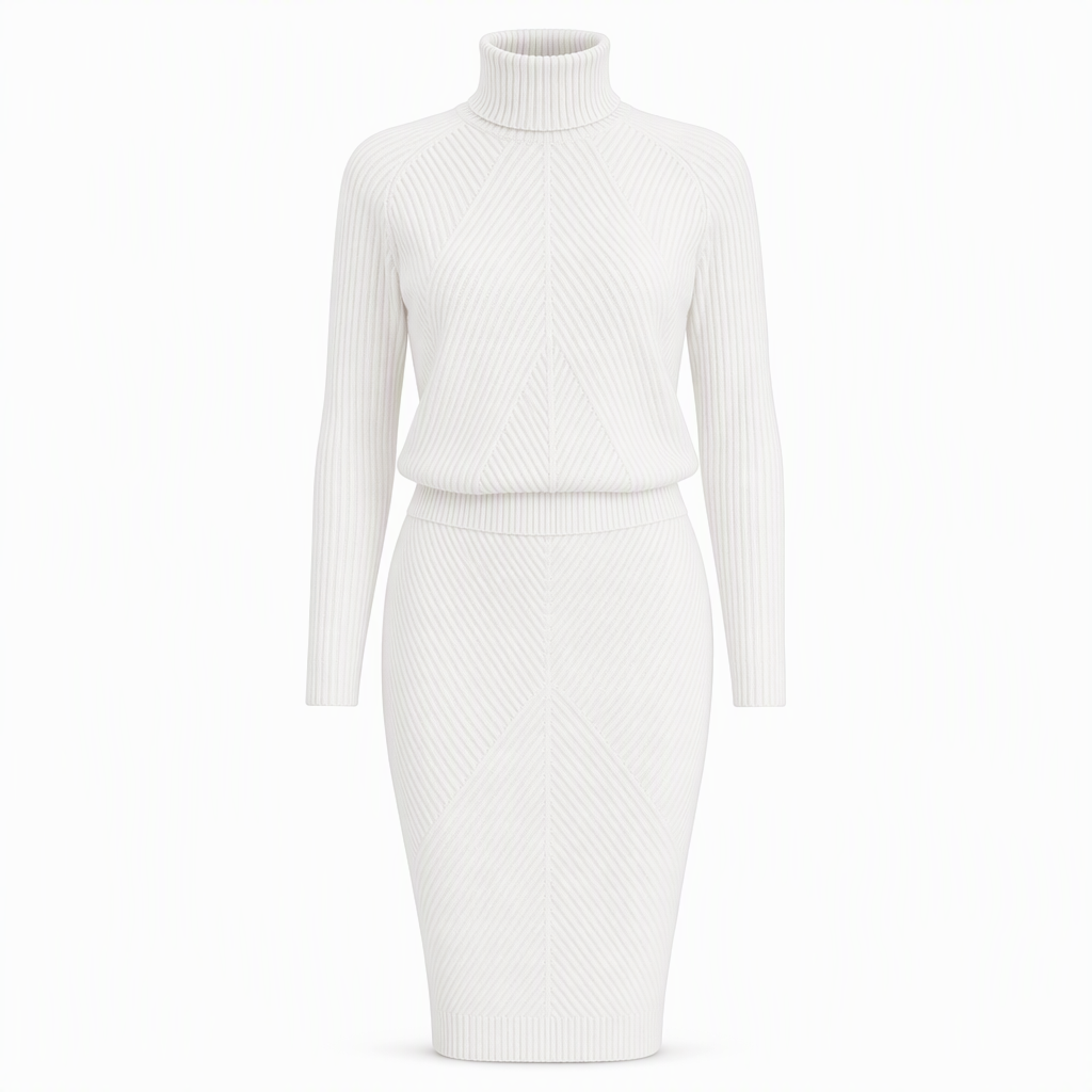 💗 Women's Solid Color Turtleneck Knit Pullover Sweater and Skirt Set