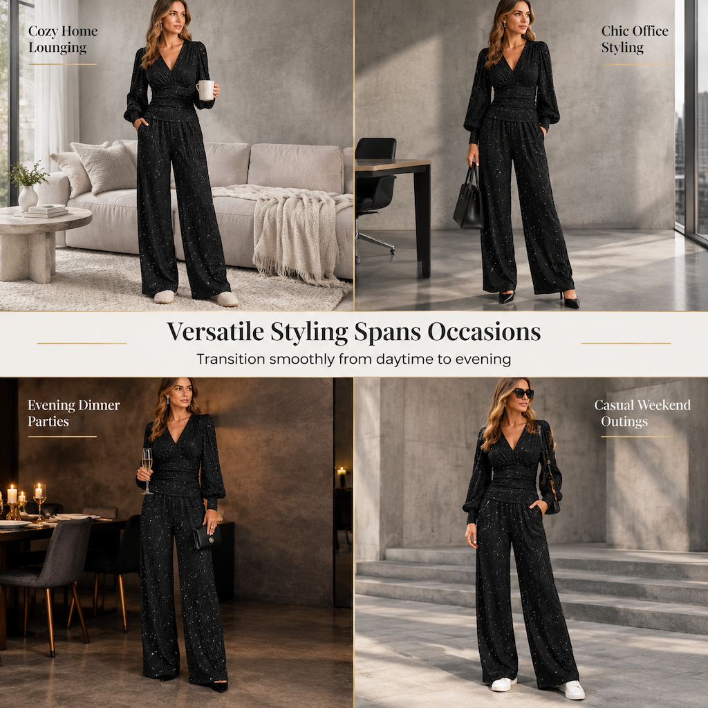 Women's Two Piece Outfit Fall Winter Deep V Neck Lantern Sleeve Pleated Top and Wide Leg Pants with Pockets