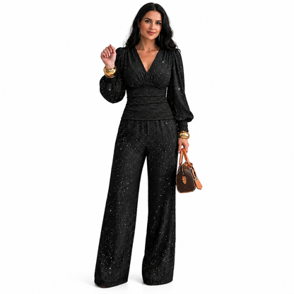 Women's Two Piece Outfit Fall Winter Deep V Neck Lantern Sleeve Pleated Top and Wide Leg Pants with Pockets