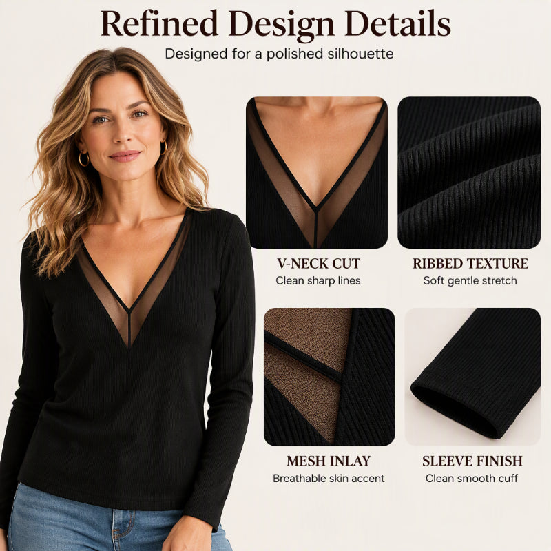 🖤 Women's Mesh Patchwork V-Neck Long Sleeve Top