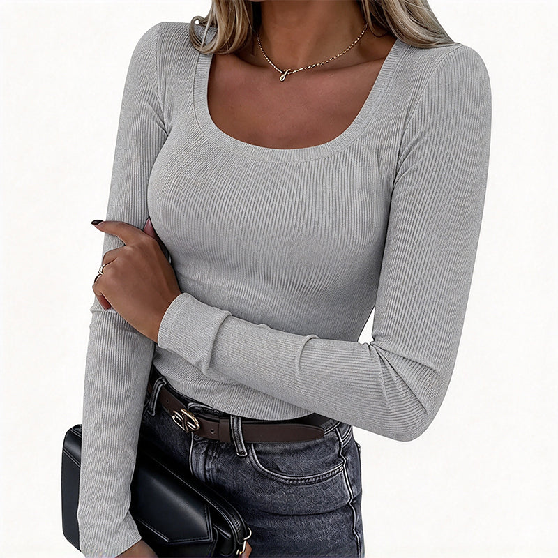 Women's Ribbed Slim Fit Long Sleeve Square Neck Top