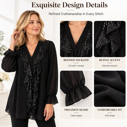 Women's V-Neck Sequin Spliced Chiffon Top