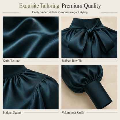 Elegant French Style Satin Blouse with Stand Collar and Long Lantern Sleeves for Autumn Winter Layering