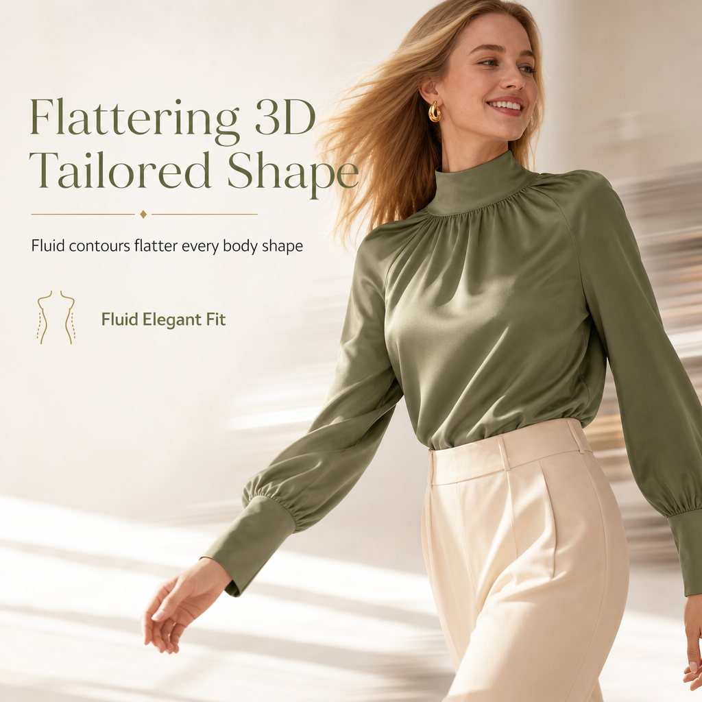 Elegant French Style Satin Blouse with Stand Collar and Long Lantern Sleeves for Autumn Winter Layering