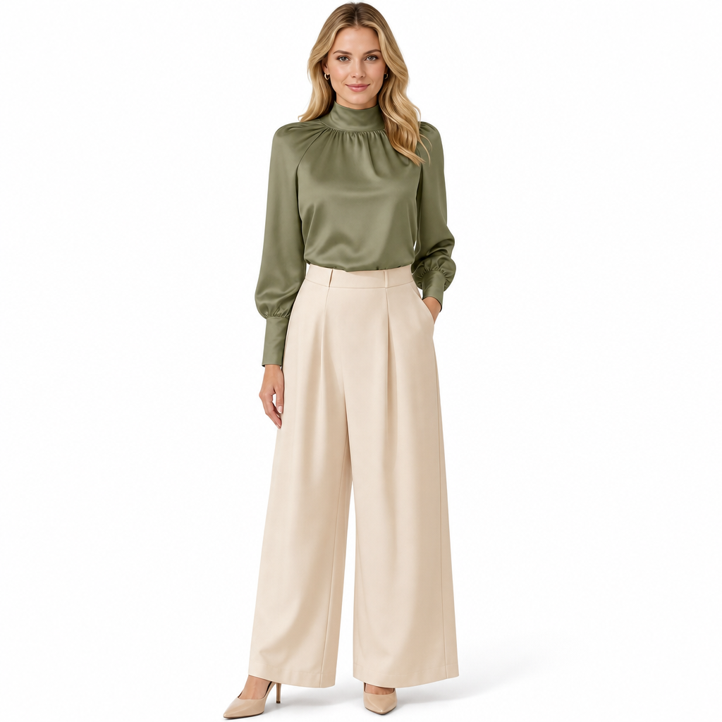 Elegant French Style Satin Blouse with Stand Collar and Long Lantern Sleeves for Autumn Winter Layering