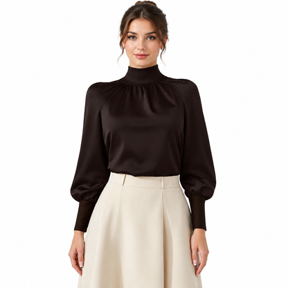 Elegant French Style Satin Blouse with Stand Collar and Long Lantern Sleeves for Autumn Winter Layering