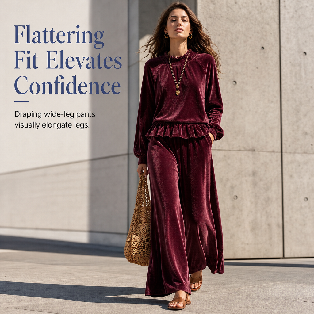 Women's Casual Two Piece Set Long Sleeve Top and Wide Leg Pants Autumn Winter Commuting Outfit