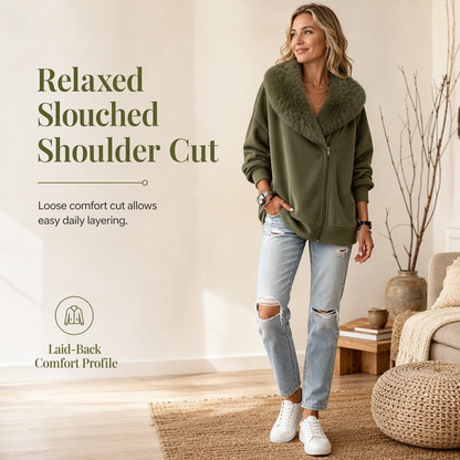 🧥 Soft Collar Accent, Eye-Catching Asymmetrical Detail | Women's Relaxed Fit Coat with Plush Faux Fur Collar and Asymmetrical Zipper
