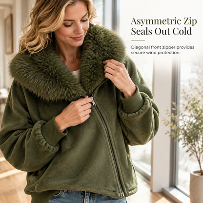 🧥 Soft Collar Accent, Eye-Catching Asymmetrical Detail | Women's Relaxed Fit Coat with Plush Faux Fur Collar and Asymmetrical Zipper