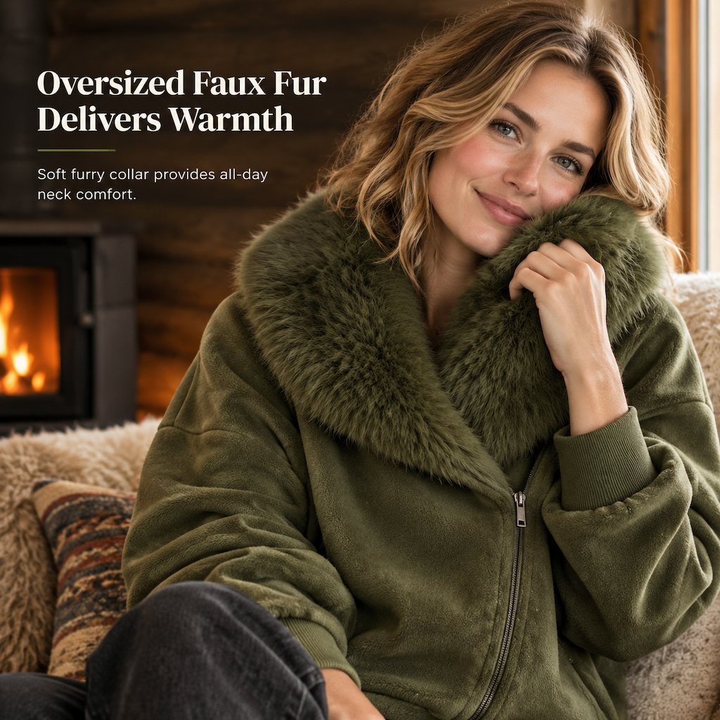 🧥 Soft Collar Accent, Eye-Catching Asymmetrical Detail | Women's Relaxed Fit Coat with Plush Faux Fur Collar and Asymmetrical Zipper