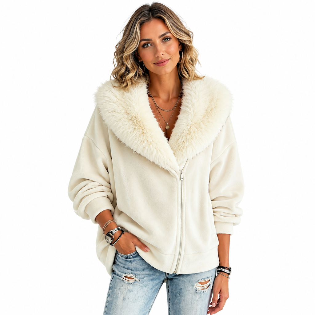 🧥 Soft Collar Accent, Eye-Catching Asymmetrical Detail | Women's Relaxed Fit Coat with Plush Faux Fur Collar and Asymmetrical Zipper