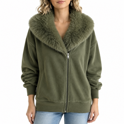 🧥 Soft Collar Accent, Eye-Catching Asymmetrical Detail | Women's Relaxed Fit Coat with Plush Faux Fur Collar and Asymmetrical Zipper