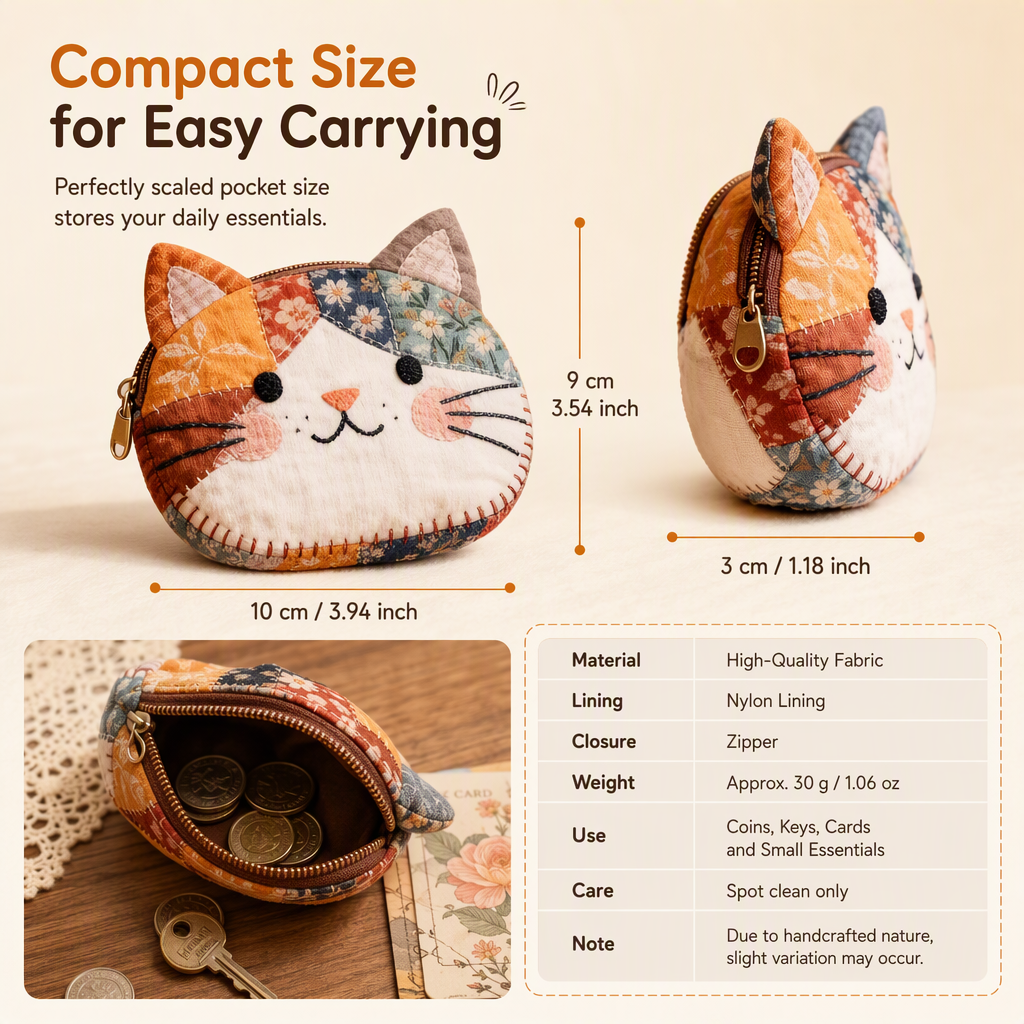 🎁Christmas Hot Sale 50% OFF🐱Cute Patchwork Cat Coin Purse, Handmade Fabric Kitten Mini Pouch, Portable Card Holder for Girls