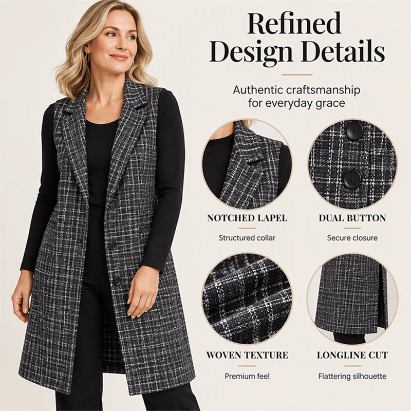 🍂 Timeless Check, Elongated Layering | Women's Plaid Notched Lapel Longline Vest