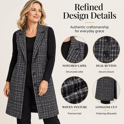 🍂 Timeless Check, Elongated Layering | Women's Plaid Notched Lapel Longline Vest