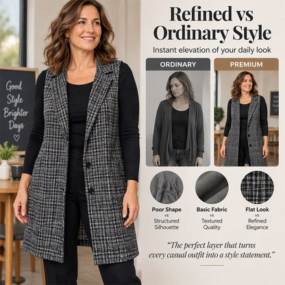 🍂 Timeless Check, Elongated Layering | Women's Plaid Notched Lapel Longline Vest