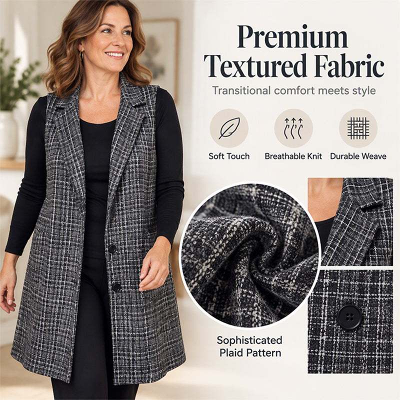 🍂 Timeless Check, Elongated Layering | Women's Plaid Notched Lapel Longline Vest