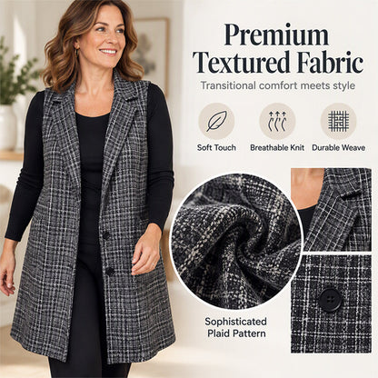 🍂 Timeless Check, Elongated Layering | Women's Plaid Notched Lapel Longline Vest