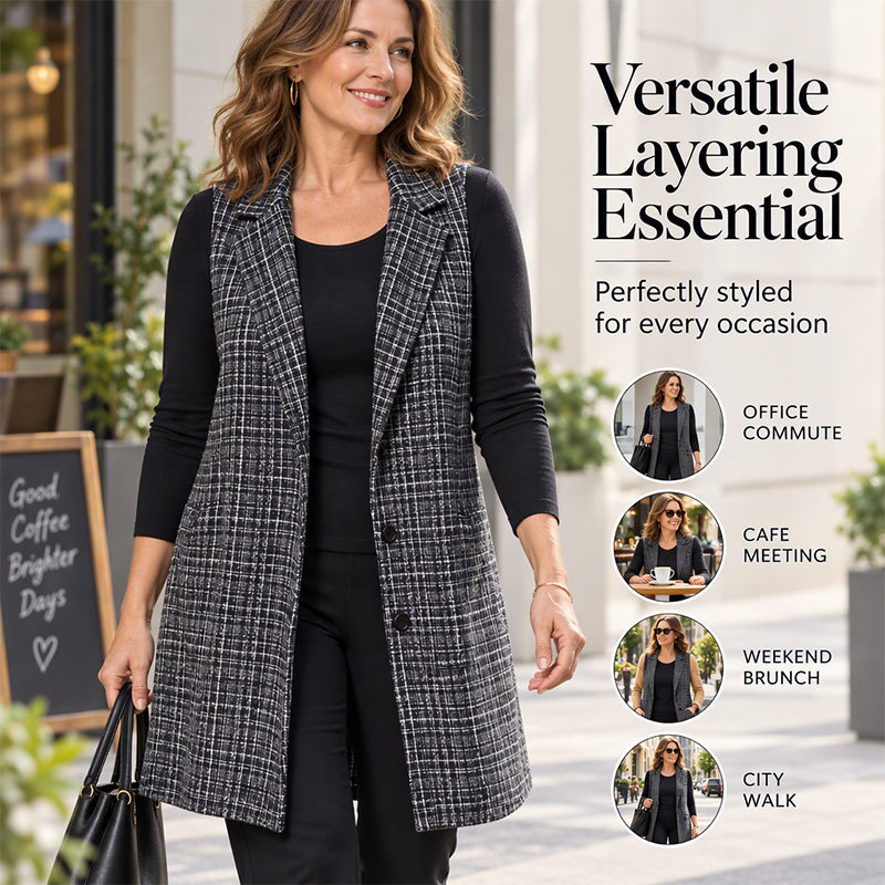 🍂 Timeless Check, Elongated Layering | Women's Plaid Notched Lapel Longline Vest